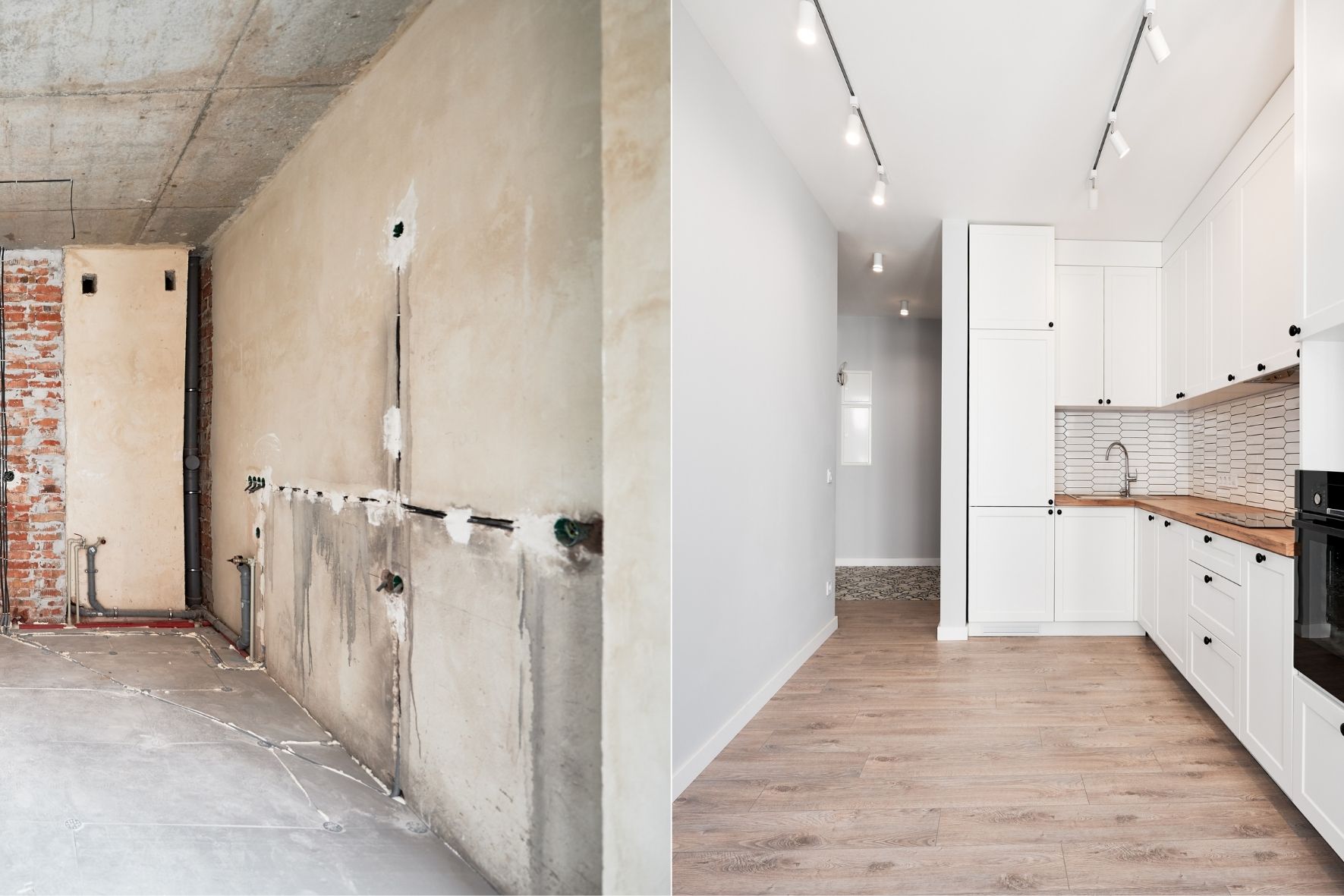 Comparaison visuelle avant et après d’un espace cuisine rénové dans un logement résidentiel  à Anjou