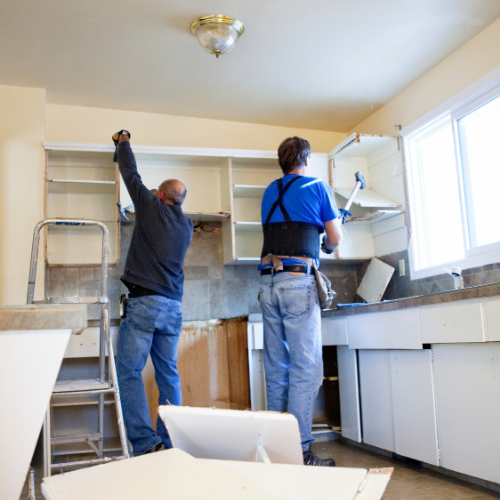 Symbole graphique évoquant la rénovation et l’aménagement de cuisines dans un contexte résidentiel à Charlemagne